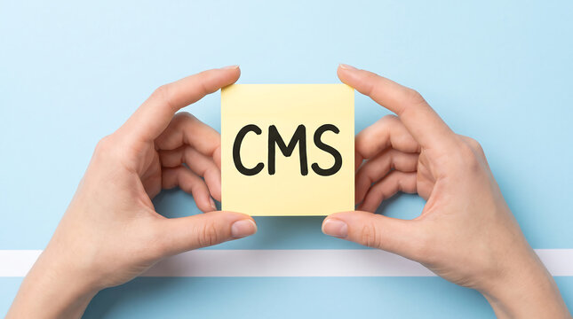 Content Management System, CMS concept, hands holding note, digital technology