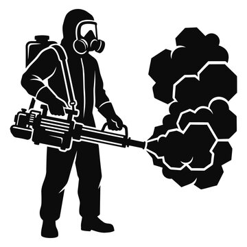 Worker in hazmat suit using fogging machine for pest control and disinfection illustration.
