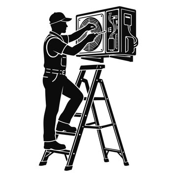 Technician repairing outdoor air conditioning unit while standing on ladder silhouette illustration