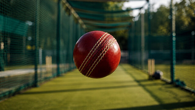 Leather Cricket Ball Close‑Up with Practice Nets &mdash; Cricket Sport Graphics Wallpapers, Banners & Posters