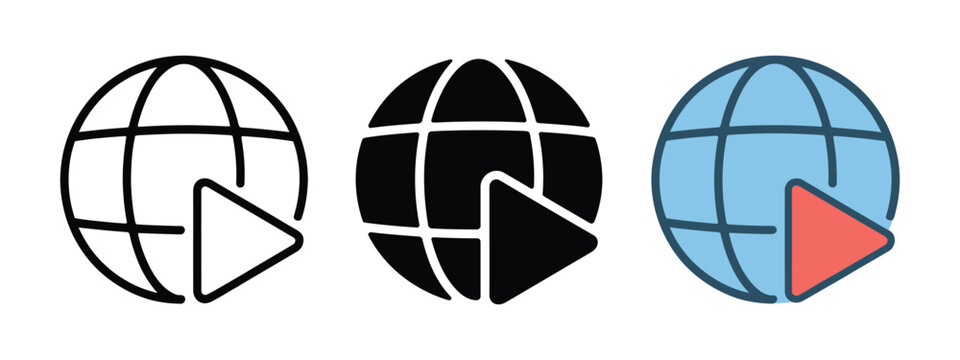 Global Video Network Icon Featuring Globe And Play Button For Online Media Streaming, Video Platform, Digital Entertainment And Worldwide Content Delivery Design.
