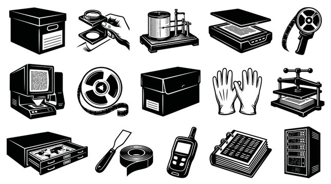 Archival and Preservation Tools Icons. Vintage Black and White Engraved Style Collection of Record Keeping Equipment.