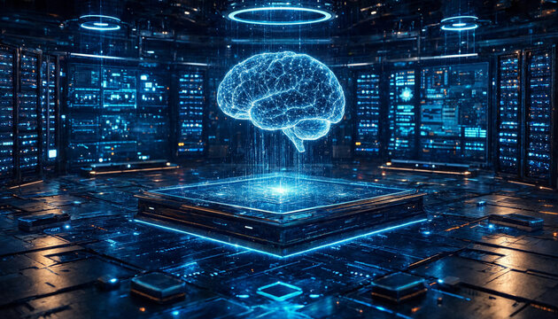 Abstract digital brain artificial intelligence glowing holographic neural network concept inside futuristic server room data center with technology hologram intelligence computing processor