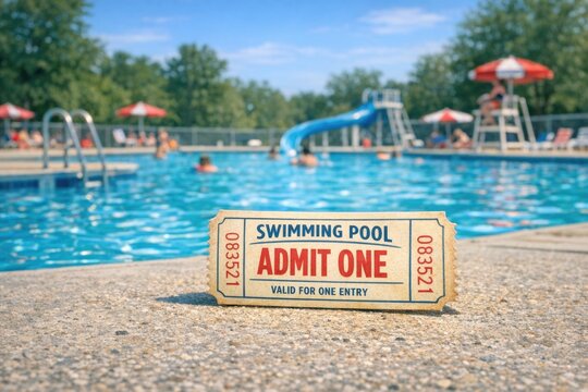 A ticket sits on the ground near a swimming pool, perfect for outdoor events or recreational activities