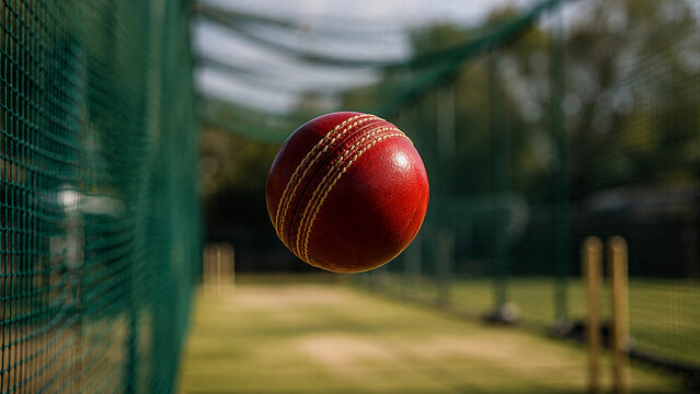 Leather Cricket Ball Close‑Up with Practice Nets &mdash; Cricket Sport Graphics Wallpapers, Banners & Posters