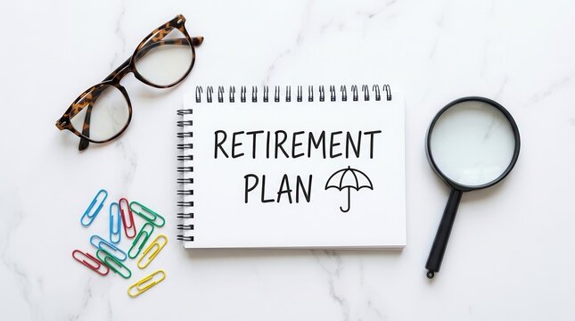 Future security and pension savings concept with retirement plan notebook and desk accessories.