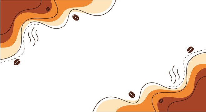Abstract coffee vector border with layered organic shapes in brown and orange tones. Features coffee beans, steam lines, and dotted accents on a white background. Ideal for cafe menus.