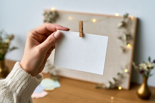 Woman's hand holding a blank white notecard with a wooden clip, ready for a personalized message or invitation