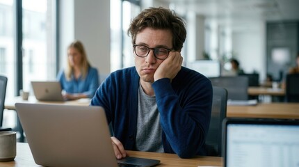 Fototapeta premium A tired professional man resting his head on his hand in a modern office setting.