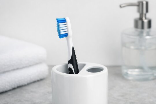 A simple toothbrush holder with a toothbrush inside, ready for use