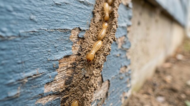 Damage to wood from termites indicated by mud tubes at the base of a wall.