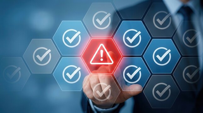 Problem and error warning concept with a professional touching a digital caution sign in a hexagonal grid.
