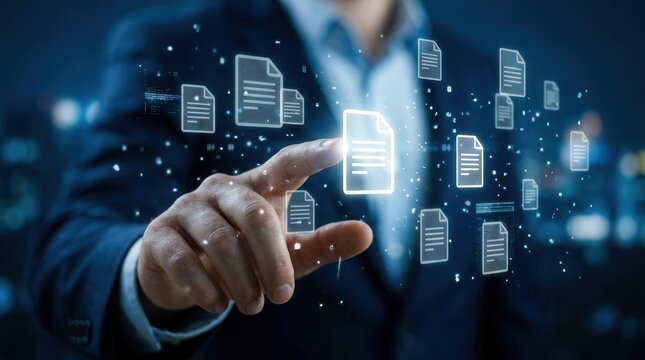 Enterprise content management and digital data governance control represented by a hand touching floating files.