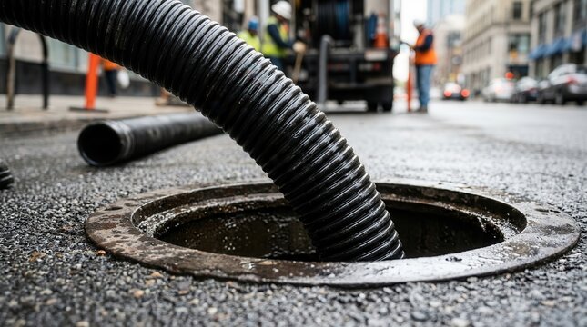 A close-up of a flexible hose inserted into an open manhole for pipeline restoration.