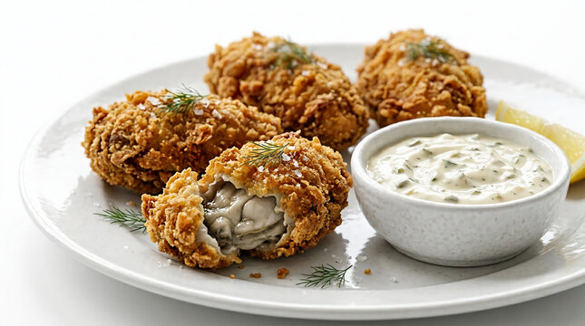Crispy deep-fried oysters served on a white plate with tartar sauce and lemon