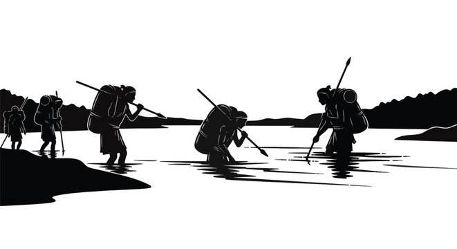 Silhouette vector illustration of ancient tribal people or nomadic hunters wading through a river, carrying heavy survival packs and long spears against a minimalist landscape.