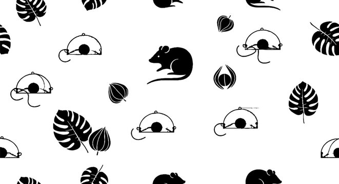 Black and white mouse and leaf pattern design.