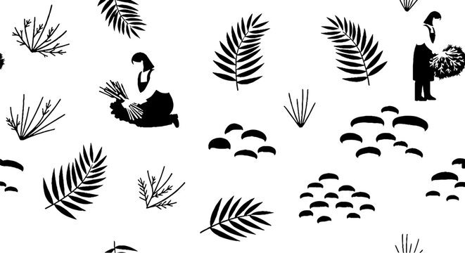 Black and white fern leaves and human figures illustration.