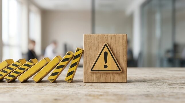 Conceptual image of risk identification and mitigation using wooden blocks and a warning sign.