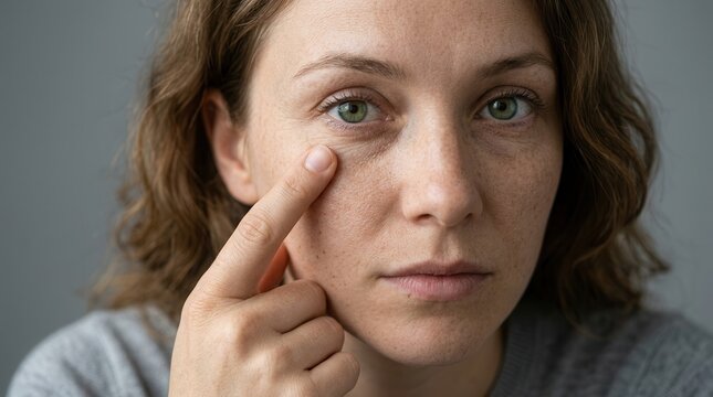 Detailed view of a young European woman's face highlighting eyelid wrinkles and skin texture.