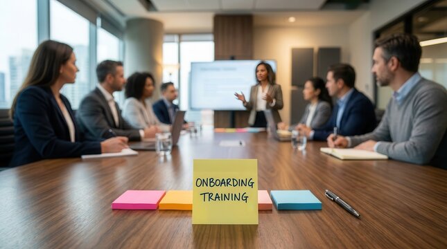 Workplace skills training and new employee onboarding in a professional office meeting environment.
