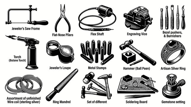 Jewelry Making Tools  Supplies - Black  White Line Art Vector Illustration