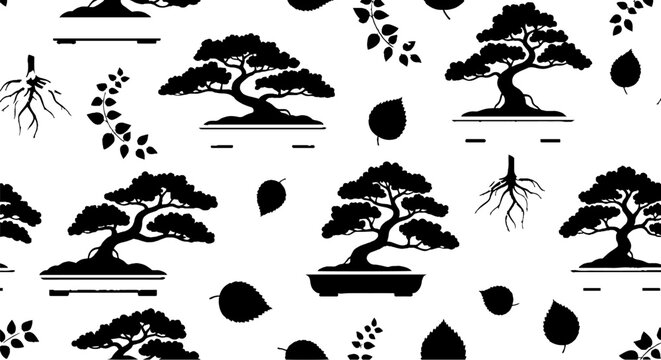 Black and white bonsai tree pattern design.
