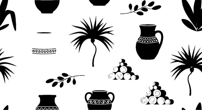 Black and white tropical leaves and pottery illustration.
