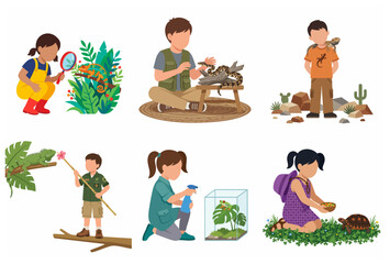 Children Interacting with Reptiles and Amphibians Illustration Set