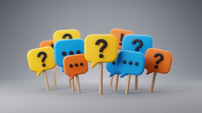 Conceptual illustration of discussion and inquiry using textured 3D chat bubbles.