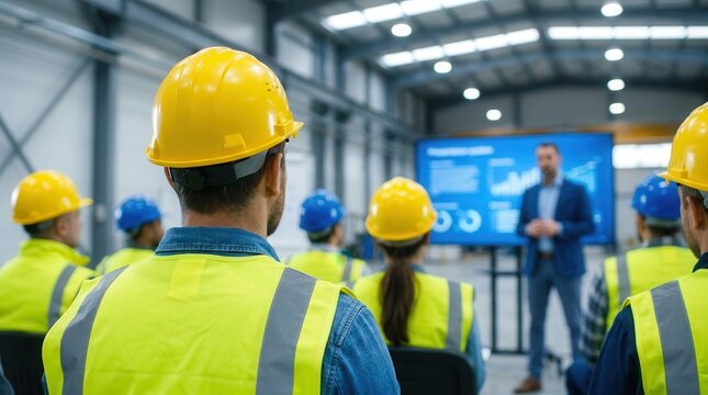 Professional training session for industrial employees wearing yellow and blue hard hats and safety vests in a factory setting.