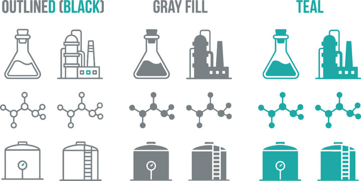 Set of industrial and chemical icons in three different styles