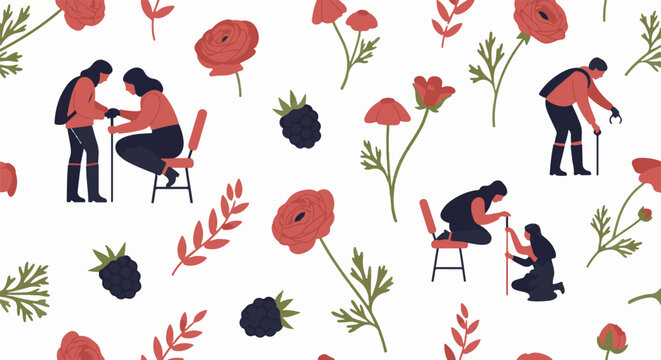 Illustrated couples sharing intimate moments with flowers.