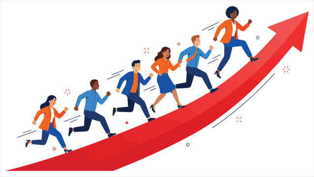 Business people running upwards along a rising red arrow.eps