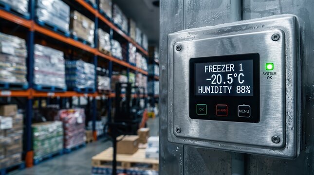 Warehouse food safety management featuring a freezer temperature and humidity monitoring control panel.