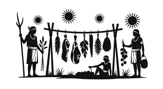 Black and white silhouette of ancient tribal people preserving food by drying meat, herbs, and roots on a wooden rack outdoors under sun symbols, including hunters and gatherers.