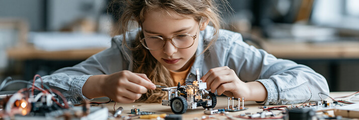Naklejka premium Young girl focused on building a robot with electronic components at a workshop.