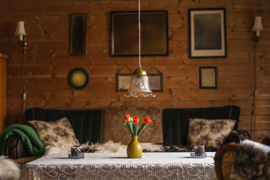Cozy Cabin Living Room with Flowers