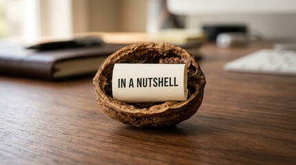 Obraz premium Concise business messaging concept with a walnut shell and 'in a nutshell' text on a desk surface.