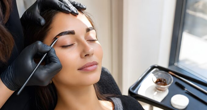 Esthetician applying henna dye to eyebrow of young woman with brush. Professional brow tinting procedure in beauty salon. Cosmetic treatment for facial appearance and grooming style.