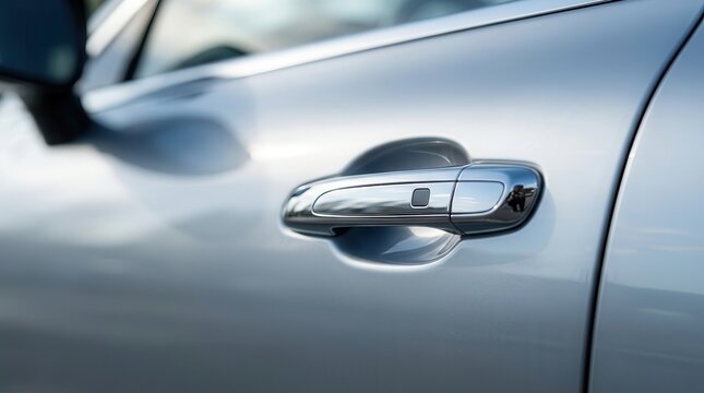 Modern luxury electric vehicle side profile highlighting the keyless car door handle and touch sensor.