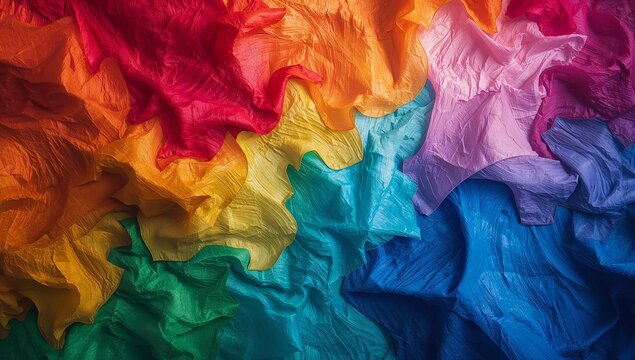 Colorful layers of crumpled tissue paper in vibrant rainbow hues, showcasing a gradient from red to blue with intricate textures and folds