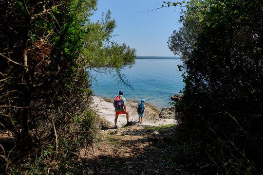 Father and child exploring the seaside