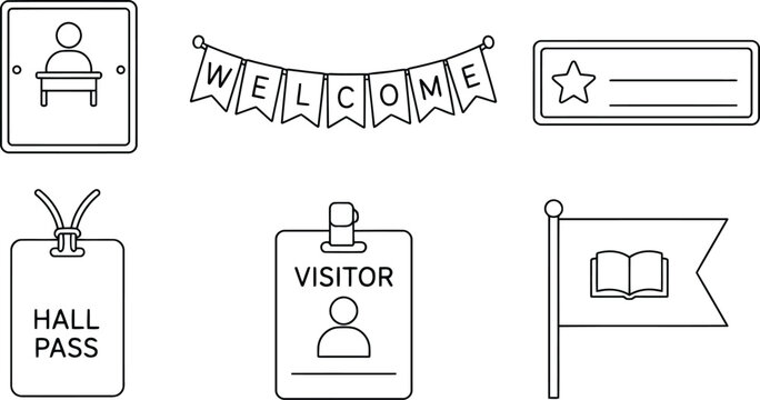 Set of school and classroom related line icons featuring welcome banner and visitor passes