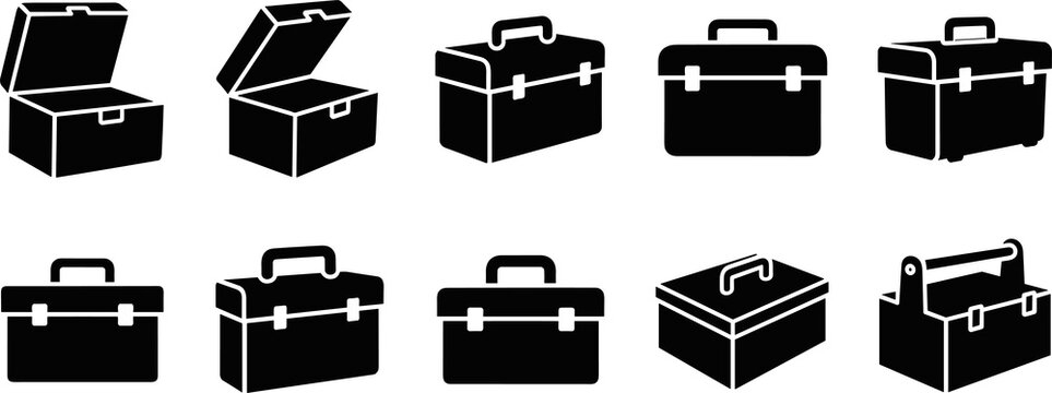 Set of black toolbox vector icons showing open and closed views for construction equipment and repair service graphic design projects