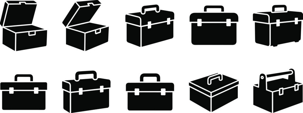 Set of black toolbox vector icons showing open and closed views for construction equipment and repair service graphic design projects