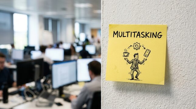 Productivity and multitasking concept showing an employee juggling tasks within a professional corporate environment.