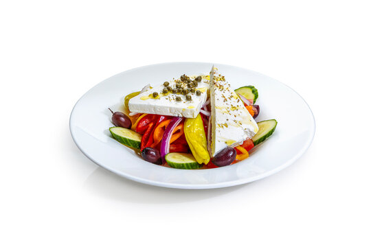 Traditional Greek Horiatiki Salad with Block Feta Cheese and Kalamata Olives