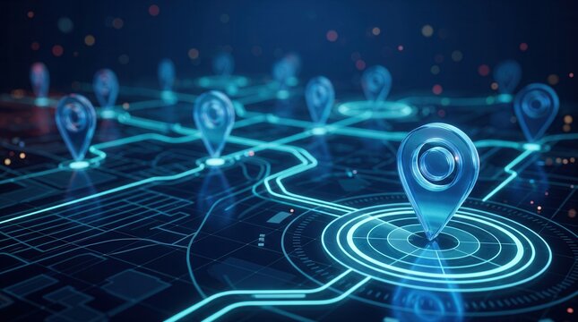 Smart technology concept with connected glowing location pins on a digital map interface.