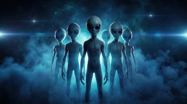 Cinematic group of grey aliens in a foggy sci-fi atmosphere with blue lighting.